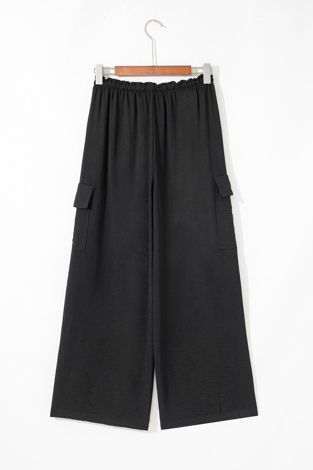 Black Drawstring Frilled Waist Wide Leg Utility Trousers 🇺🇲