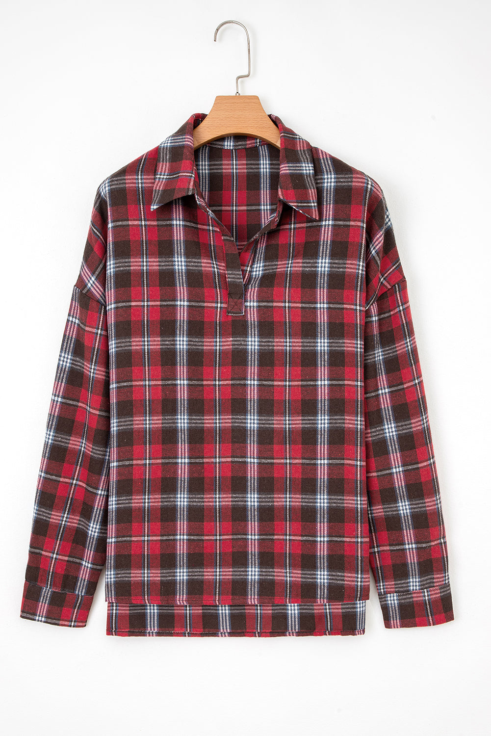 Red Plaid Print Collared V Neck Loose Blouse with Side Slits 🇺🇸