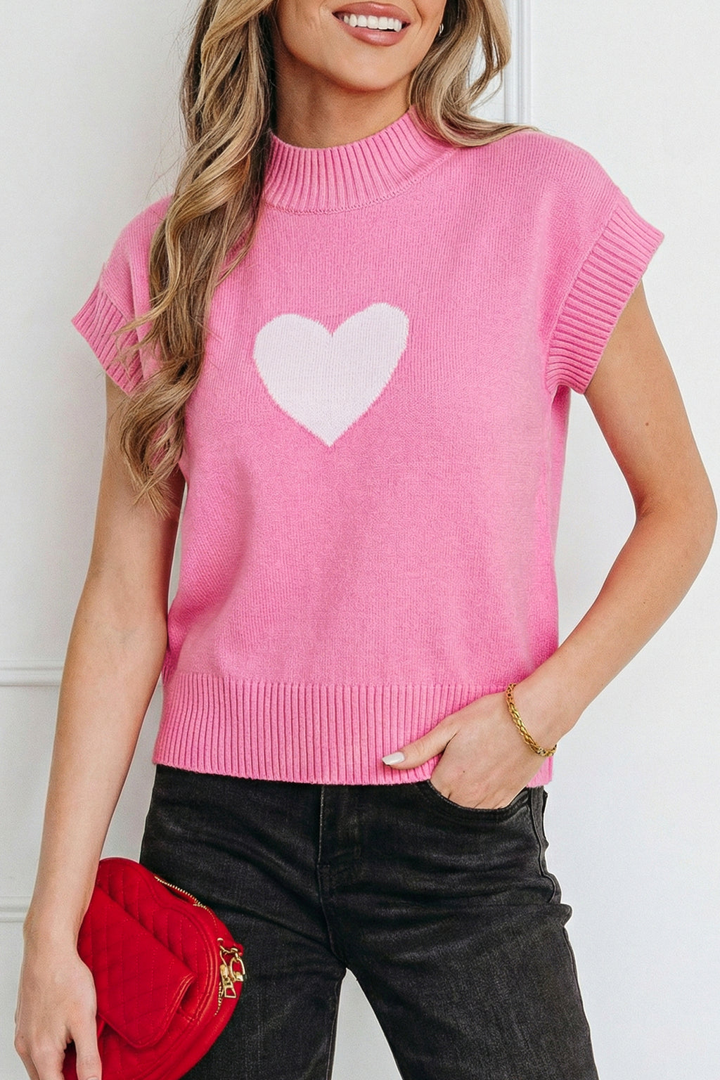 Pink Heart Graphic Cropped Short Sleeve Sweater 🇺🇸