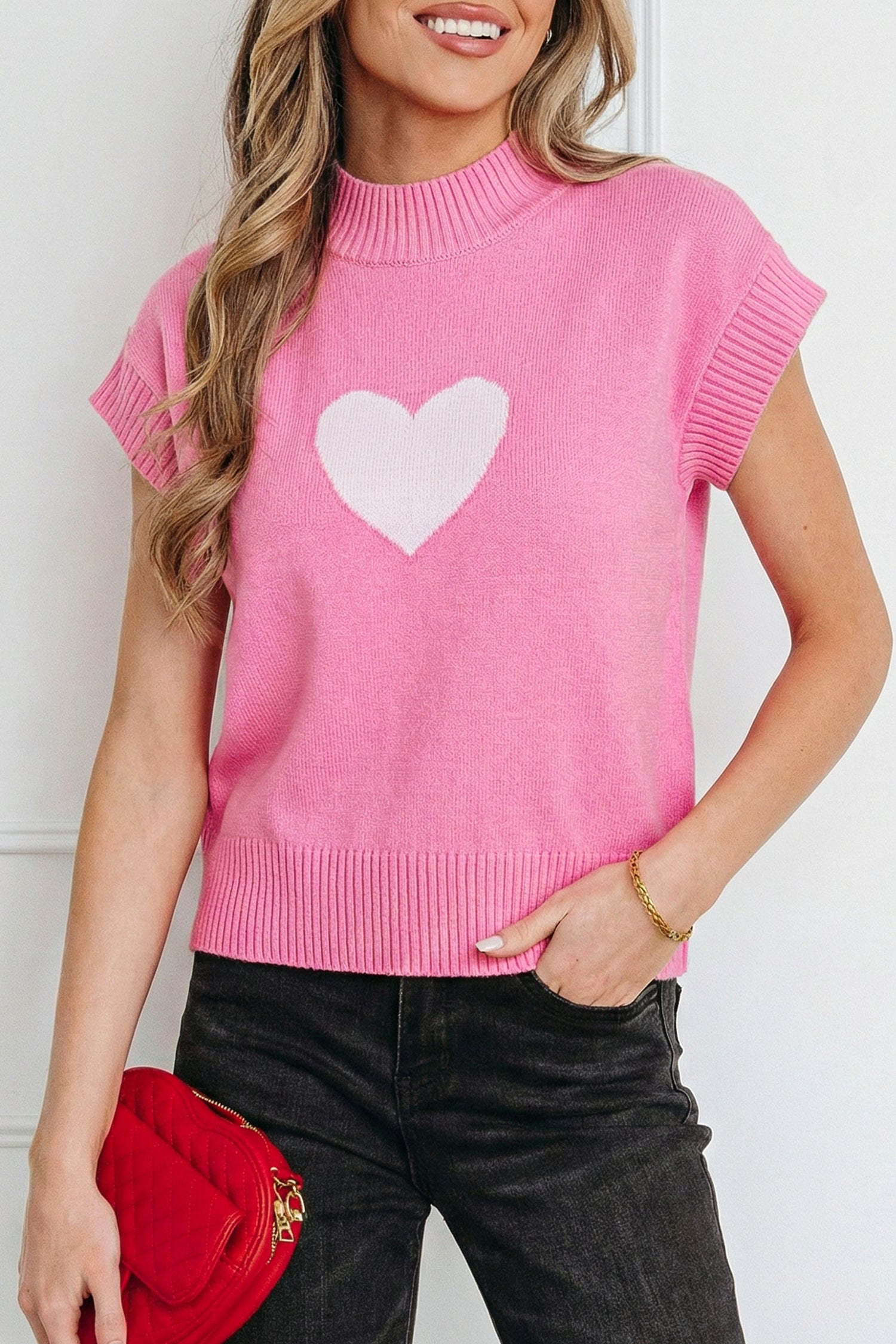 Pink Heart Graphic Cropped Short Sleeve Sweater 🇺🇸