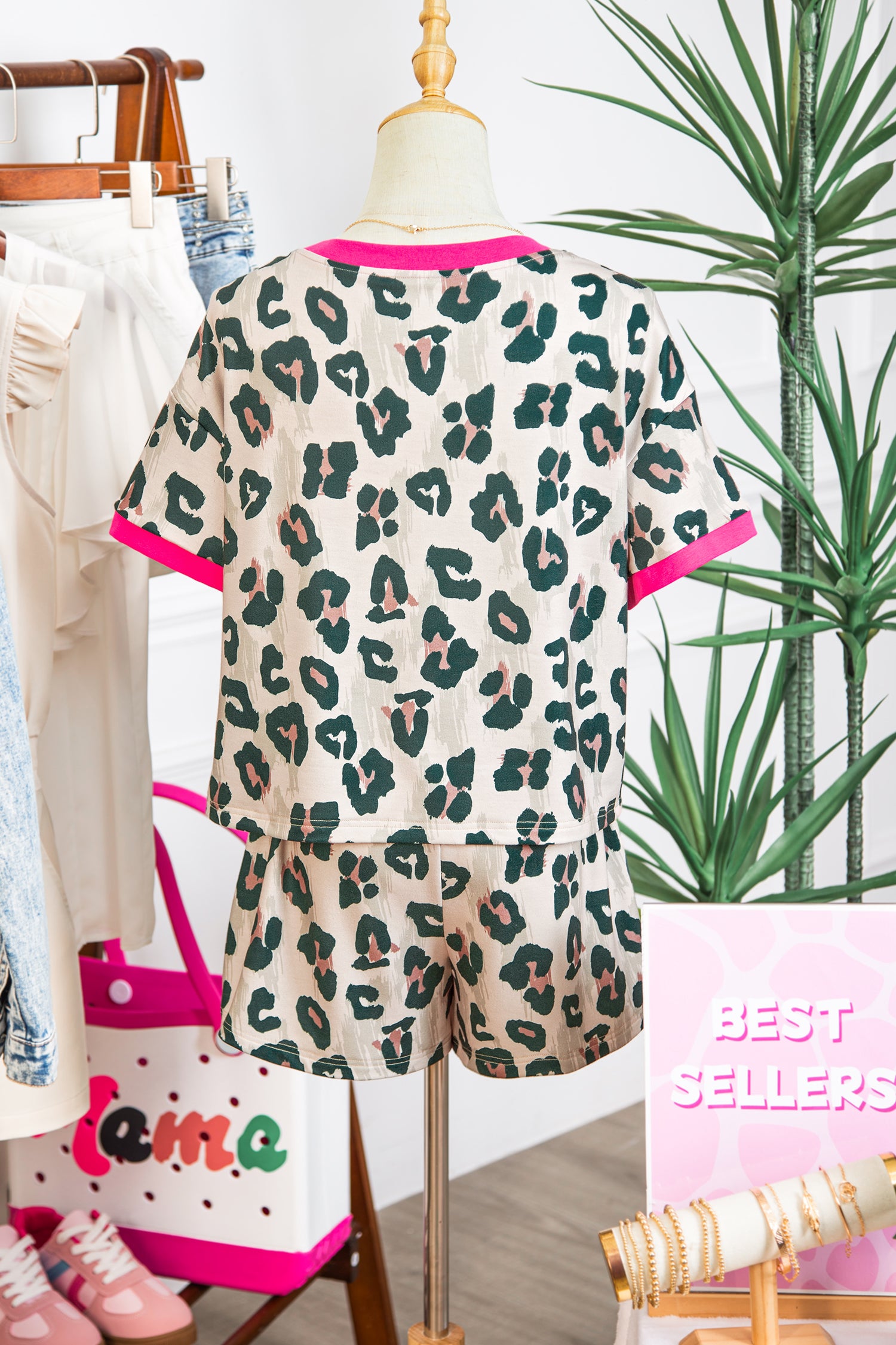 Brown Unique Leopard Print Contrast Trim Top Loose 2pcs Short Set 🇺🇸