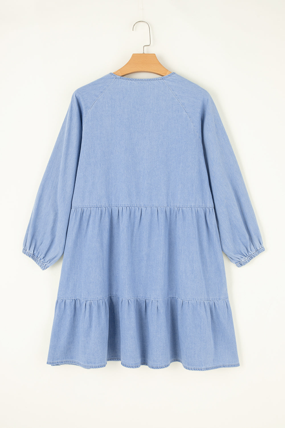 Beau Blue Puff Sleeve V Neck Tiered Ruffled Chambray Mini Dress 🇨🇳