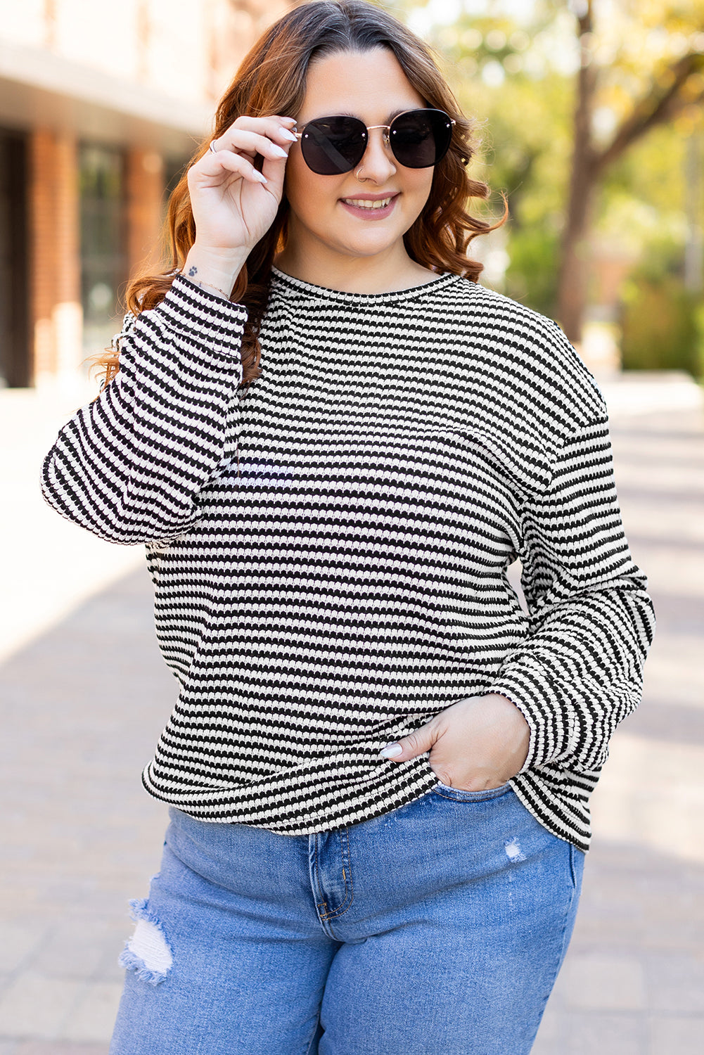 Black Stripe Drop Shoulder Puff Long Sleeve O Neck Plus Size T Shirt 🇨🇳