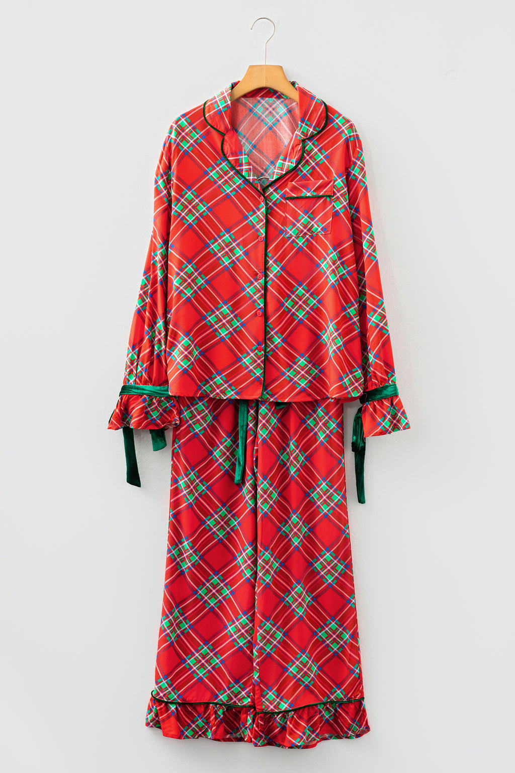 Fiery Red Christmas Plaid Satin Pajama Set with Contrast Velvet Ties 🇺🇸