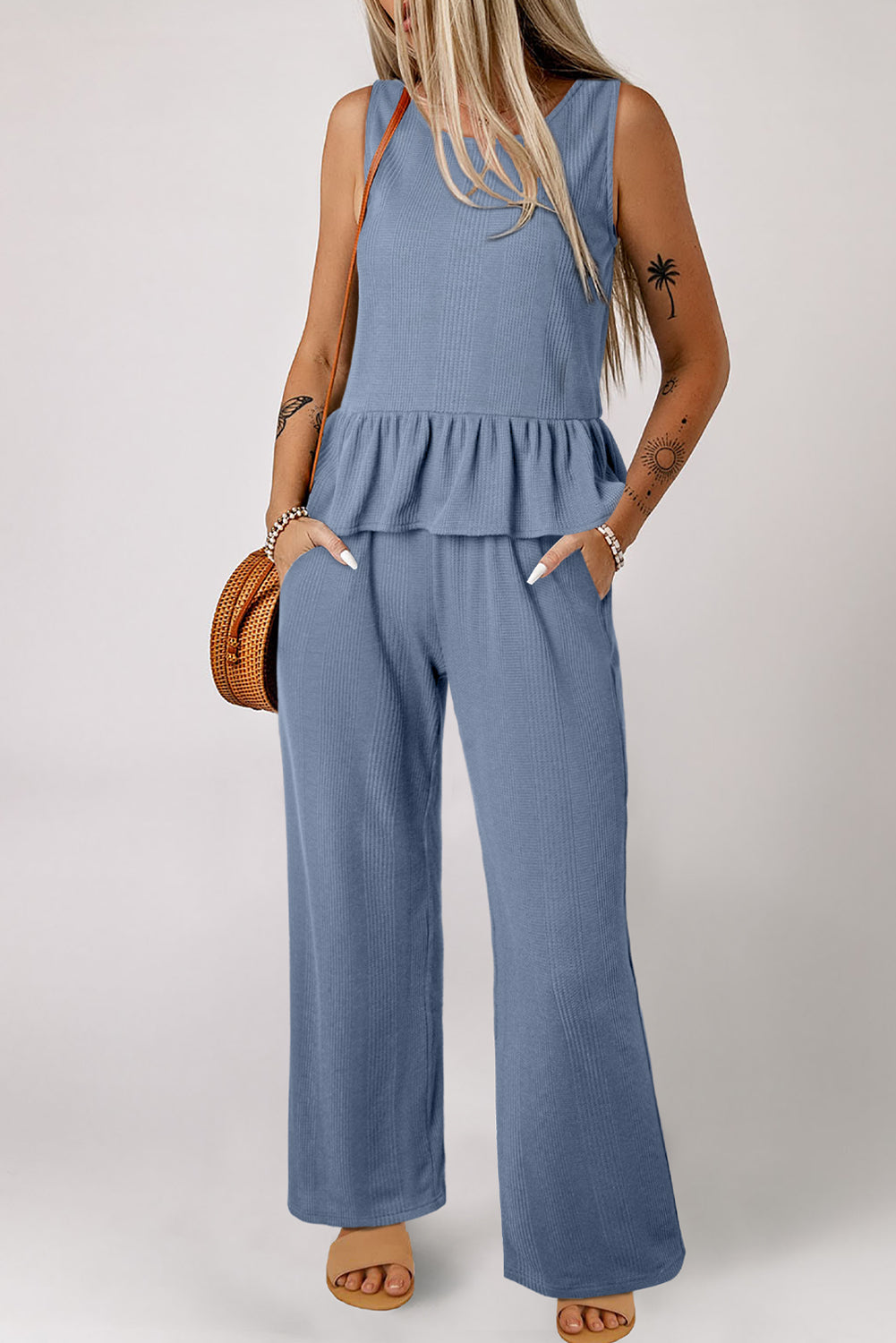 Beau Blue Solid Color Ribbed Ruffle Tank Top and Pants Set 🇨🇳