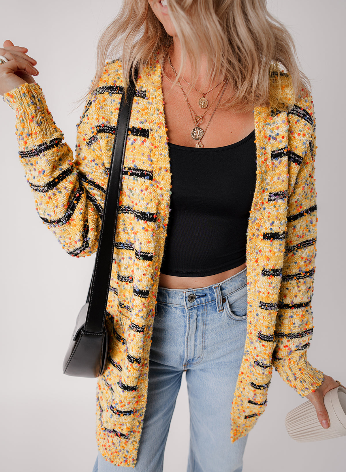 Beige Striped Pom Pom Knit Open Front Long Cardigan 🇨🇳