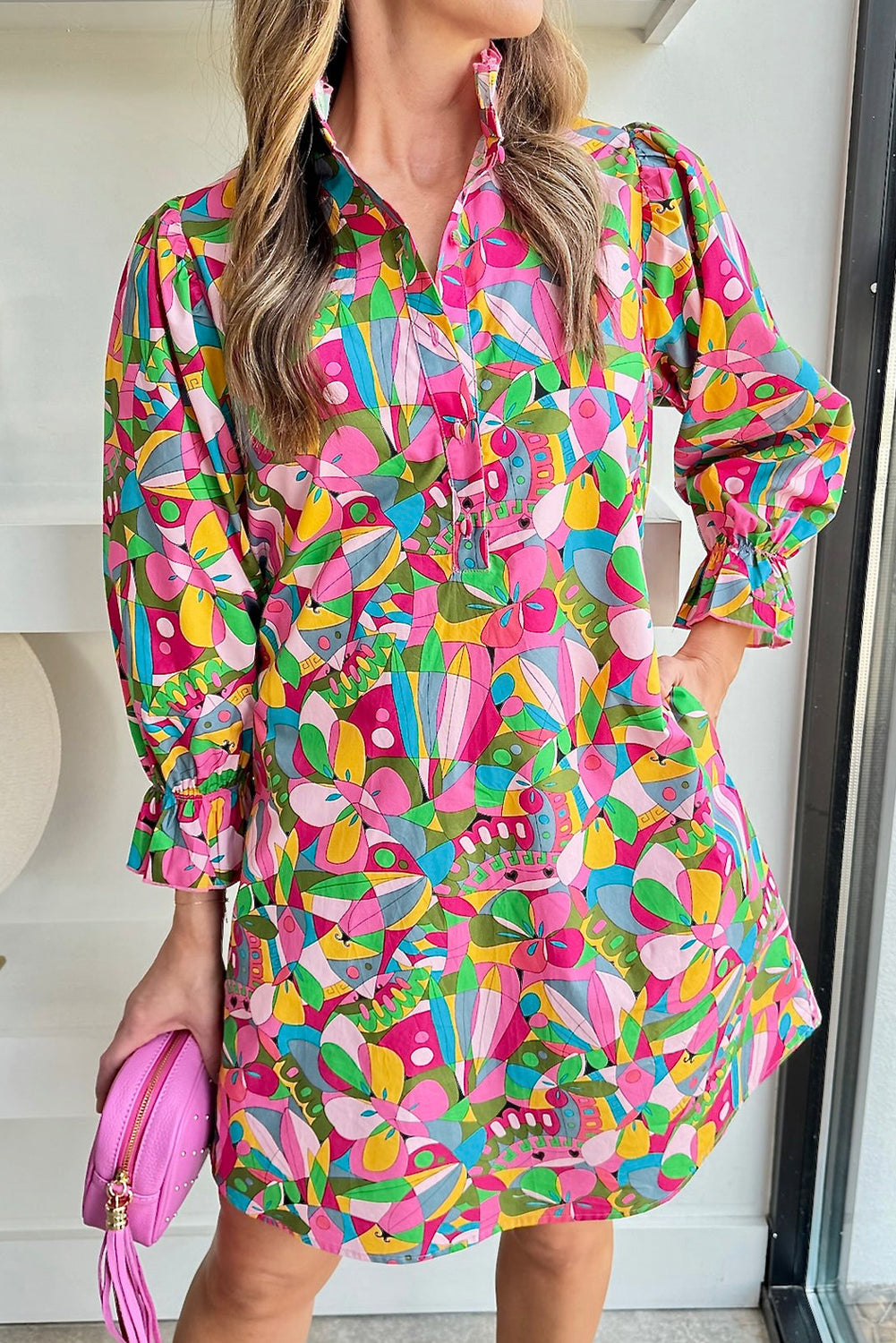 Pink Abstract Printed Lantern Sleeve Buttoned Mini Dress 🇺🇸