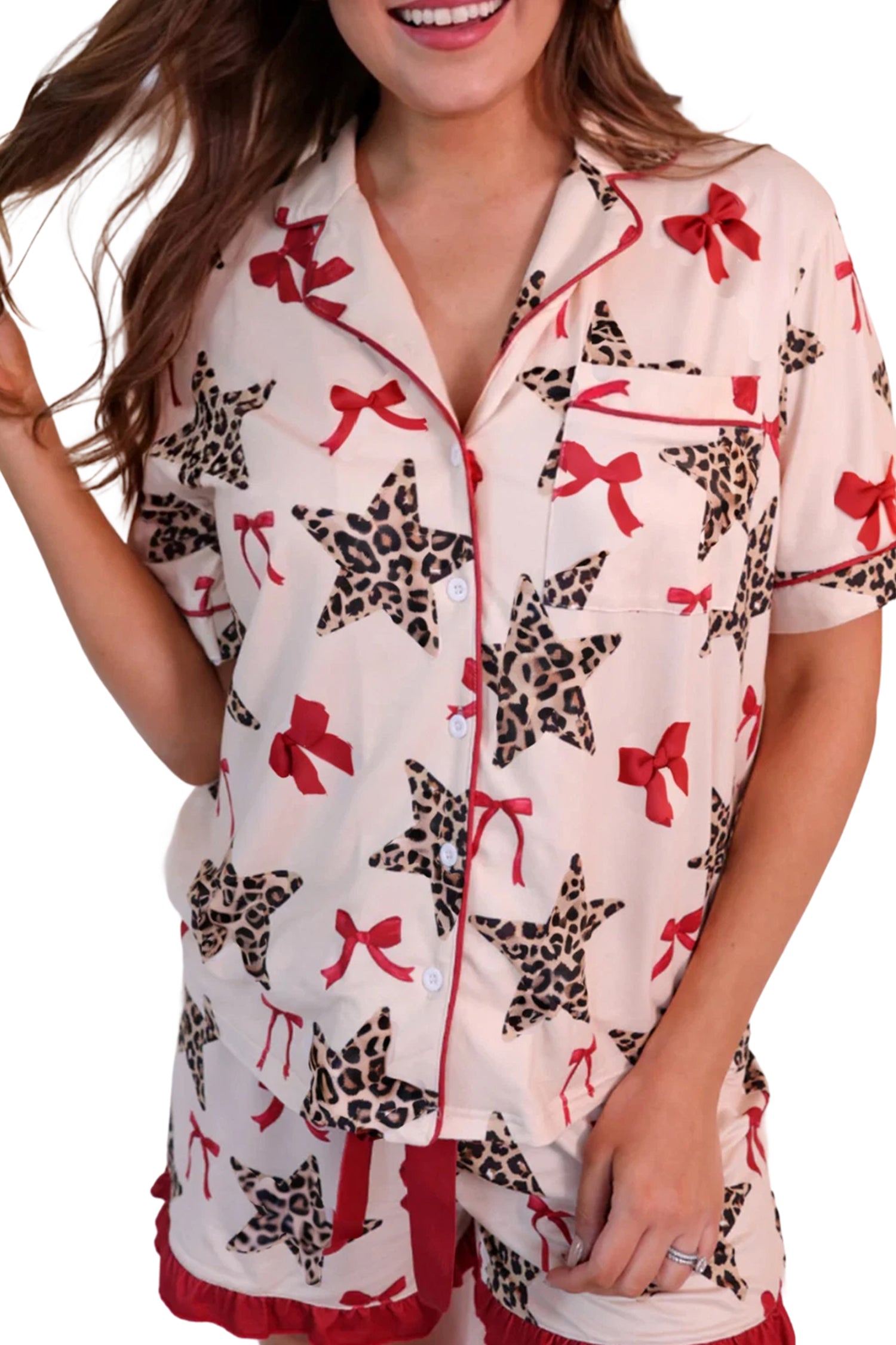 White Leopard Star Ribbon Bow Print Contrast Trim Short Pajama Set 🇺🇸