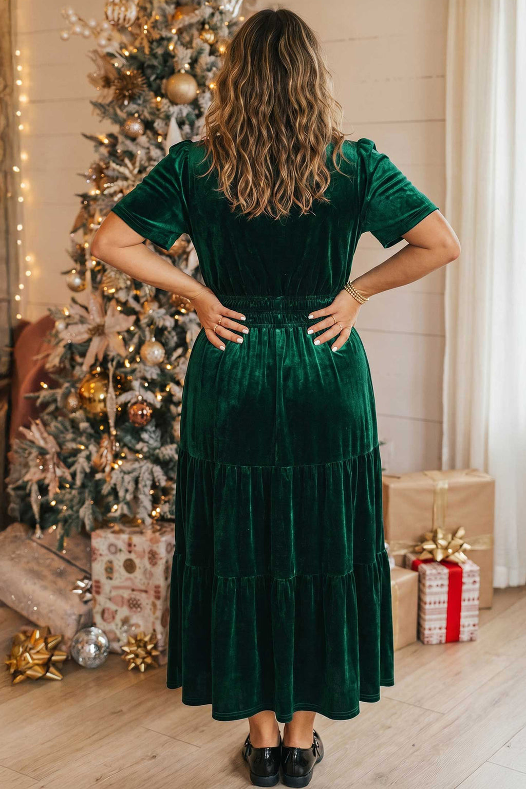 Blackish Green Velvet Short Sleeve Shirred Waist Tiered Plus Size Maxi Dress 🇺🇸