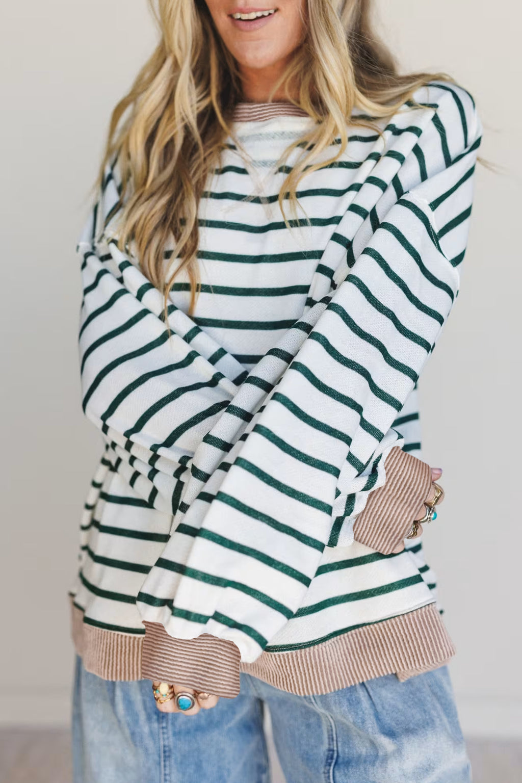 White Stripe Twisted Ribbed Patchwork Drop Shoulder Round Neck Sweatshirt 🇺🇸