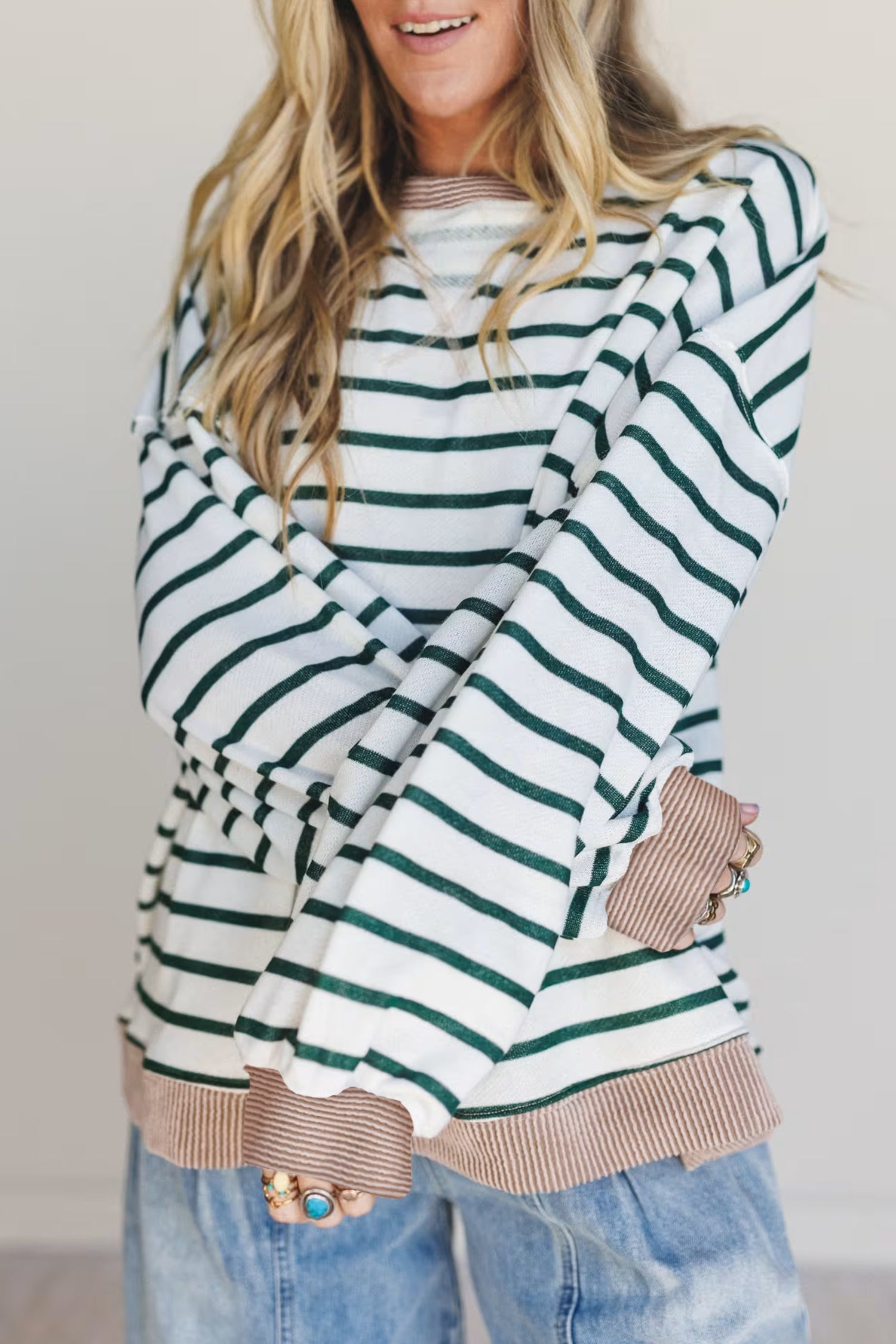 White Stripe Twisted Ribbed Patchwork Drop Shoulder Round Neck Sweatshirt 🇺🇸