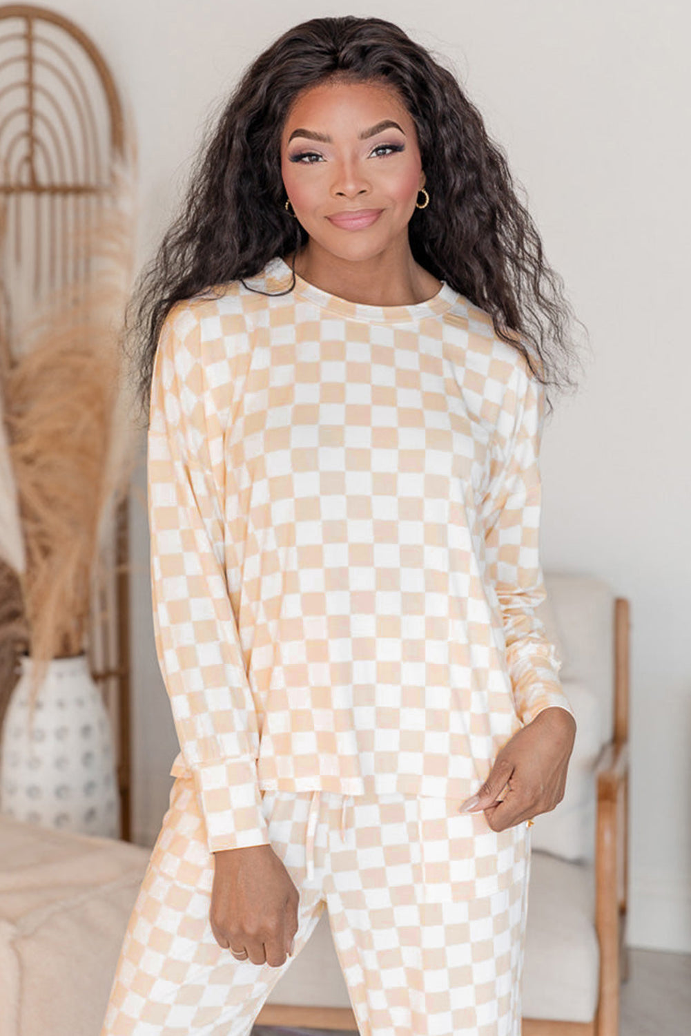 Beige Checkered Print Long Sleeve Top and Pants Lounge Set 🇨🇳