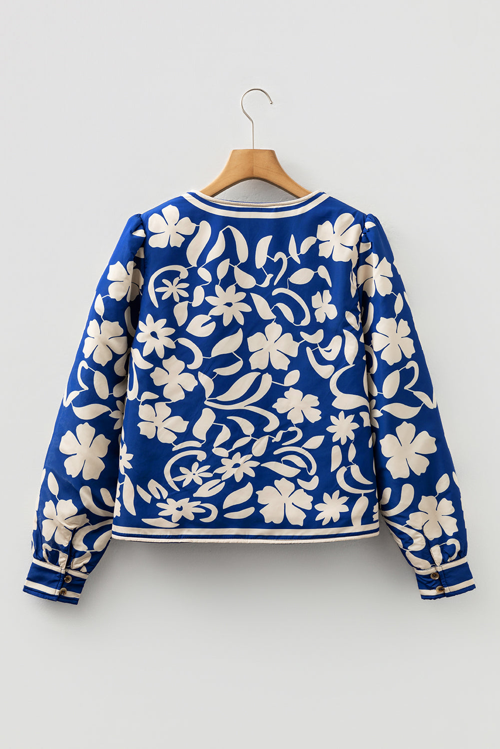 Blue Flower Print Open Front Buttoned Cuffs Elegant Jacket 🇺🇸