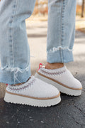 White Embroidered Sherpa Plush Thick Sole Winter Slippers 🇨🇳