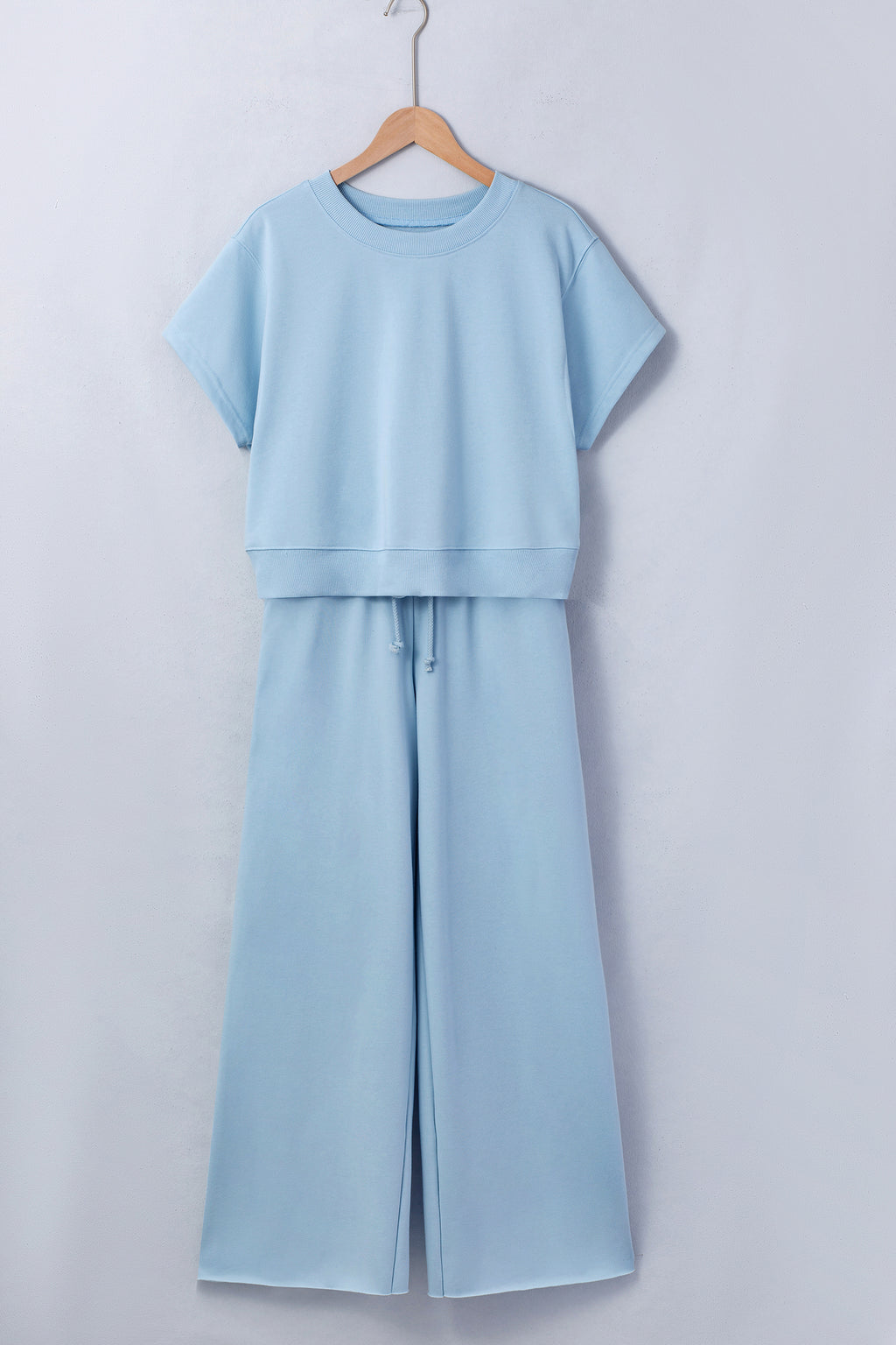 Mist Blue Solid Color Loose Tee Drawstring Wide Leg Pants 2pcs Outfit 🇺🇸