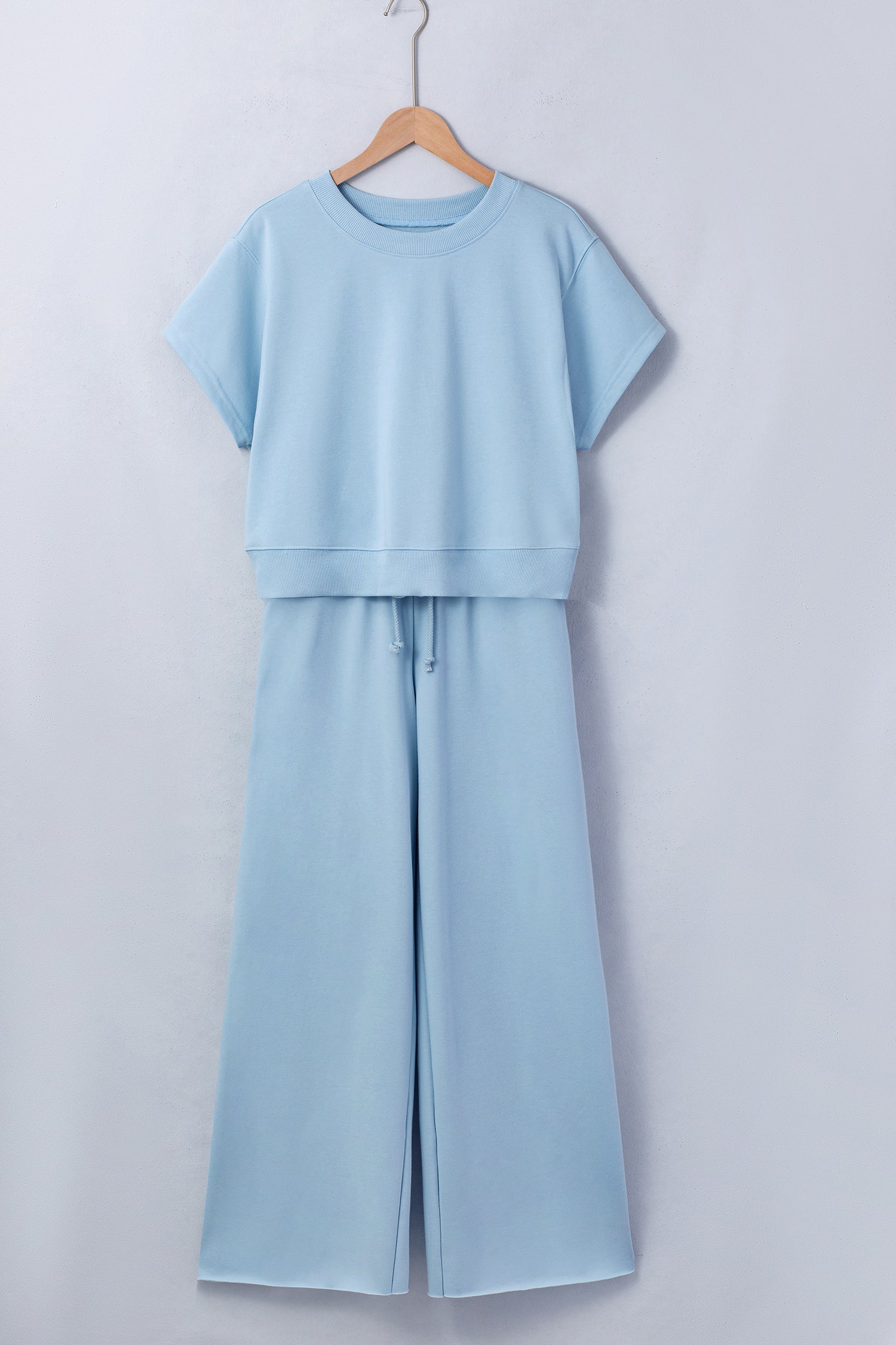 Mist Blue Solid Color Loose Tee Drawstring Wide Leg Pants 2pcs Outfit 🇺🇸