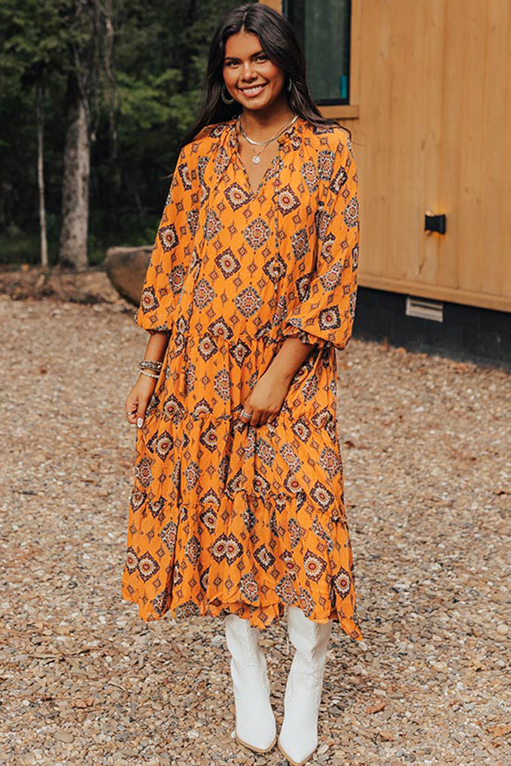 Orange Western Geometric Print Tiered Frilled Loose Fit Midi Dress 🇺🇲