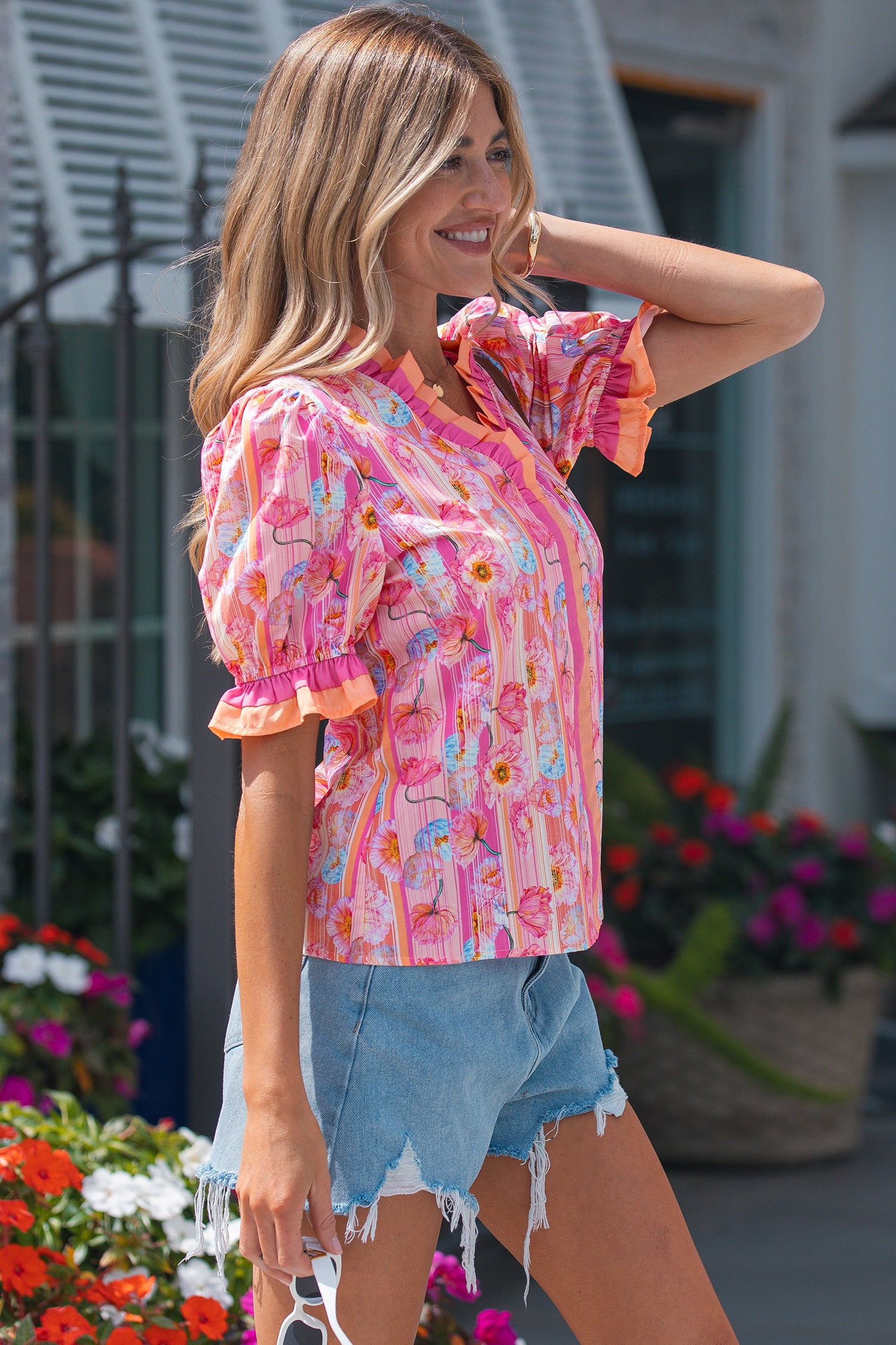 Pink Poppy Flower Striped Print Color Block Trim V Neck Short Sleeve Blouse 🇺🇸