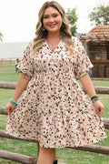 Beige Printed Surplice V Neck Cuffed Sleeve Empire Waist Plus Size Dress 🇺🇲