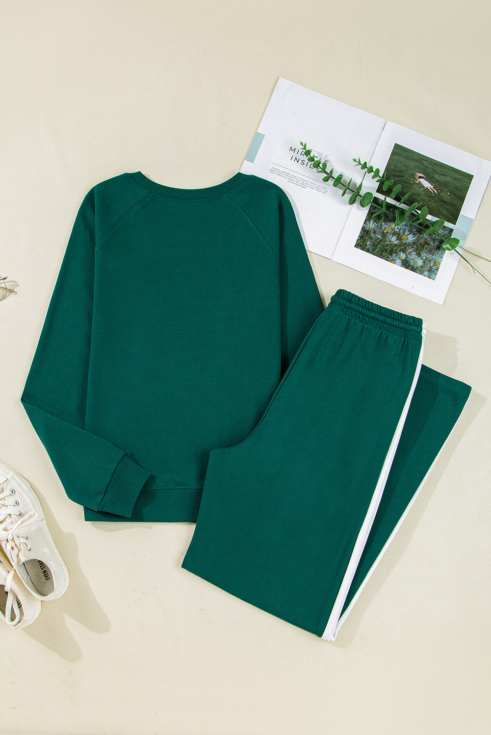 Sea Green Solid Color Pullover Top Varsity Stripe Detail Loose Drawstring Pants Set 🇺🇸