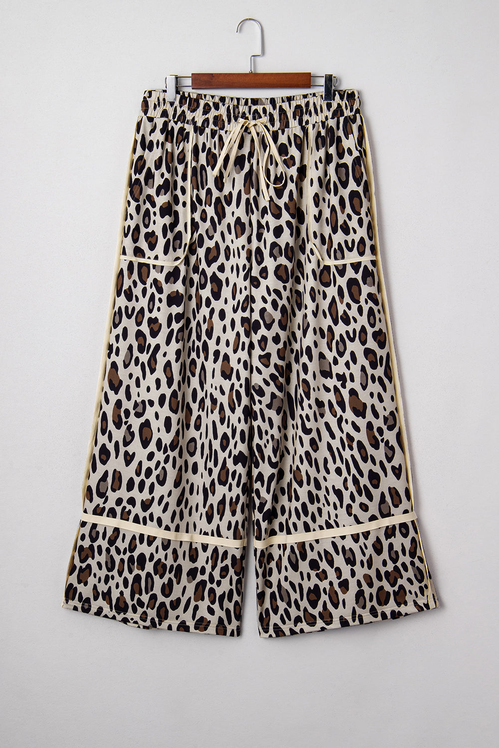 Khaki Exposed Seam Patched Pocket Plus Size Drawstring Leopard Wide Leg Pants 🇺🇸