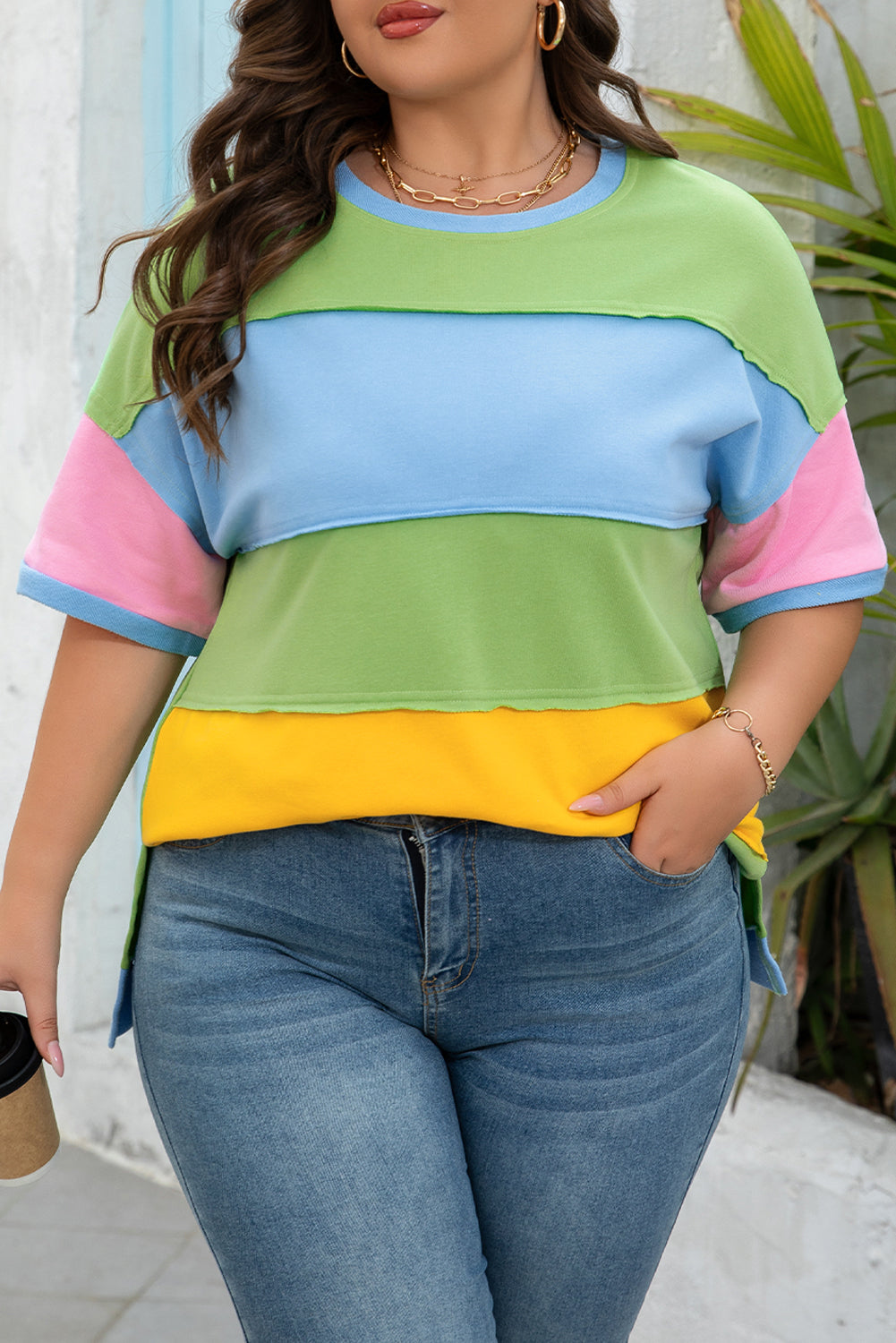 Light Blue Color Block Exposed Seam Patchwork Plus Size T Shirt 🇨🇳