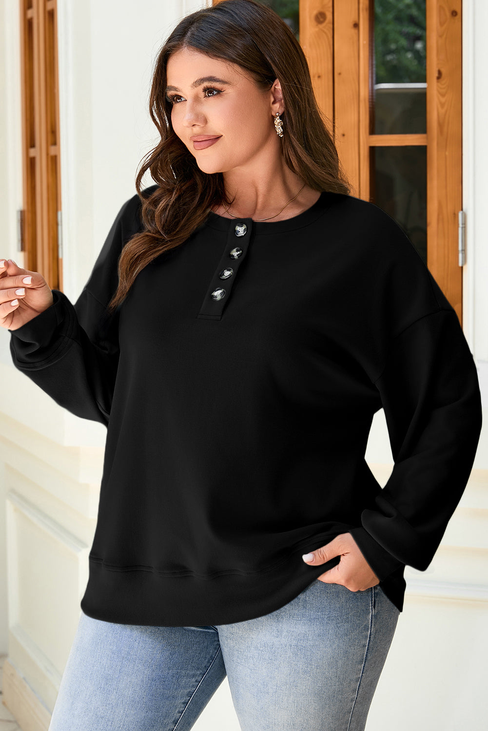 Black Solid Button Placket Crew Neck Plus Size Sweatshirt 🇺🇸