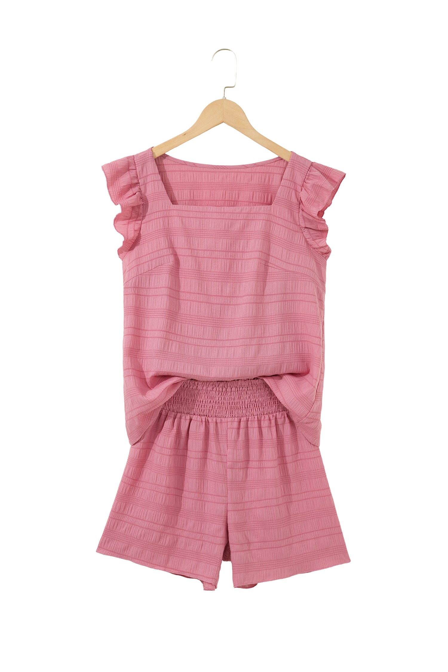 Peach Blossom Textured Square Neck Top and Shirred High Waist Shorts Set 🇺🇸