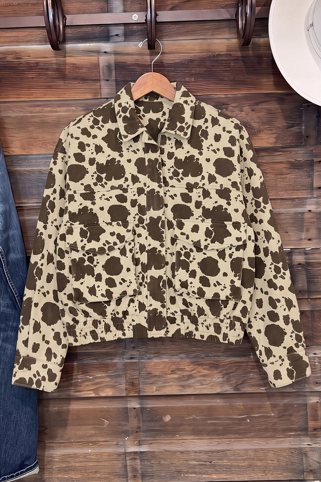 Brown Western Cow Print Cargo Pocket Denim Jacket 🇺🇸