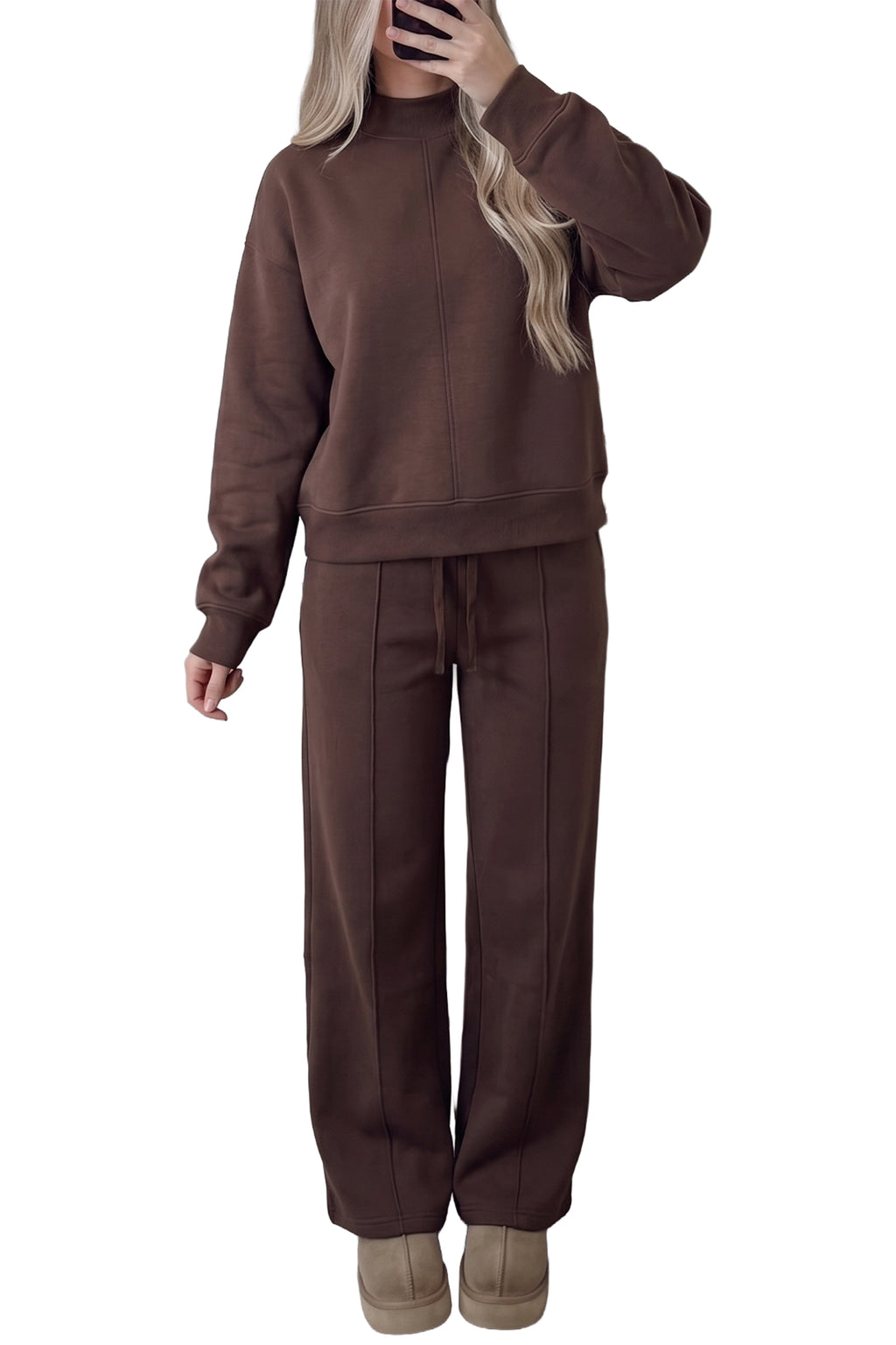 Coffee Solid Color Piping Trim Mock Neck Pullover Drawstring Pants Set 🇺🇸