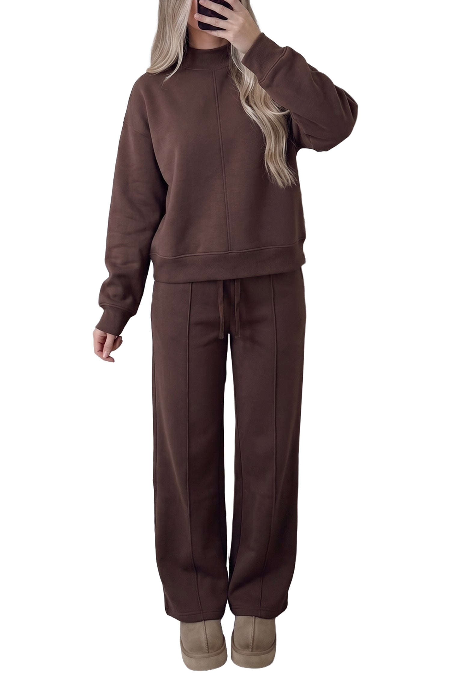 Coffee Solid Color Piping Trim Mock Neck Pullover Drawstring Pants Set 🇺🇸
