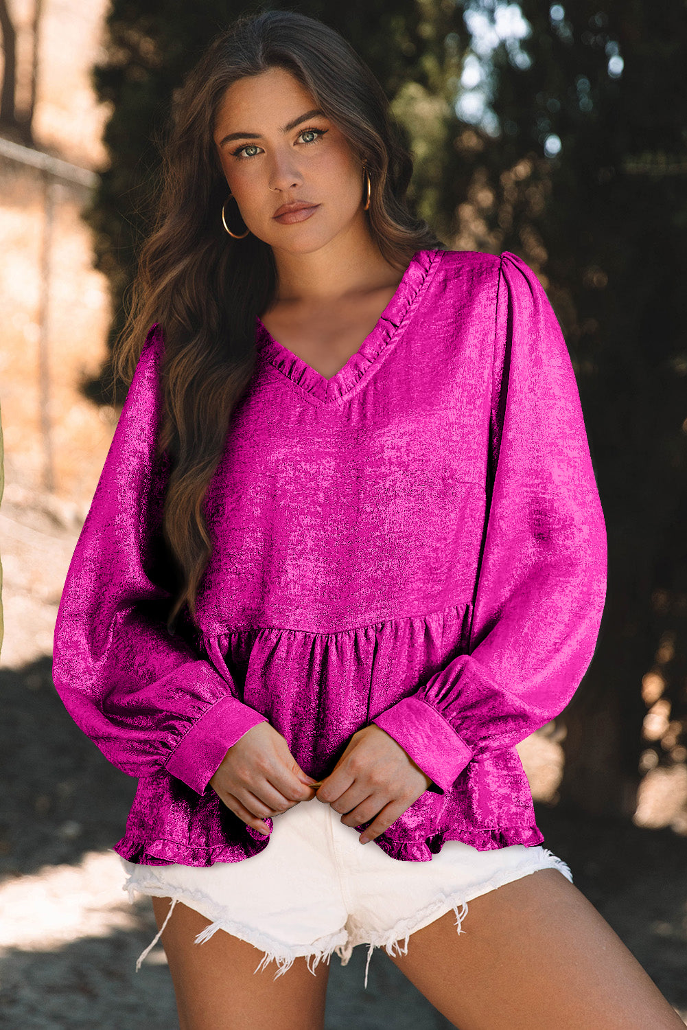 Rose Red Metallic Frilled V Neck Puff Sleeve Babydoll Blouse 🇺🇲