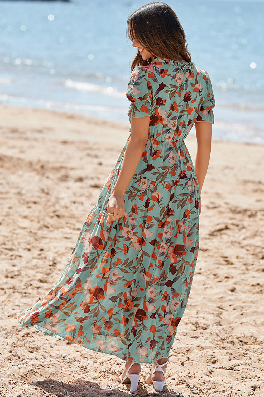 Green Fiery Floral Print Frilled V Neck Short Sleeve Maxi Dress 🇺🇸
