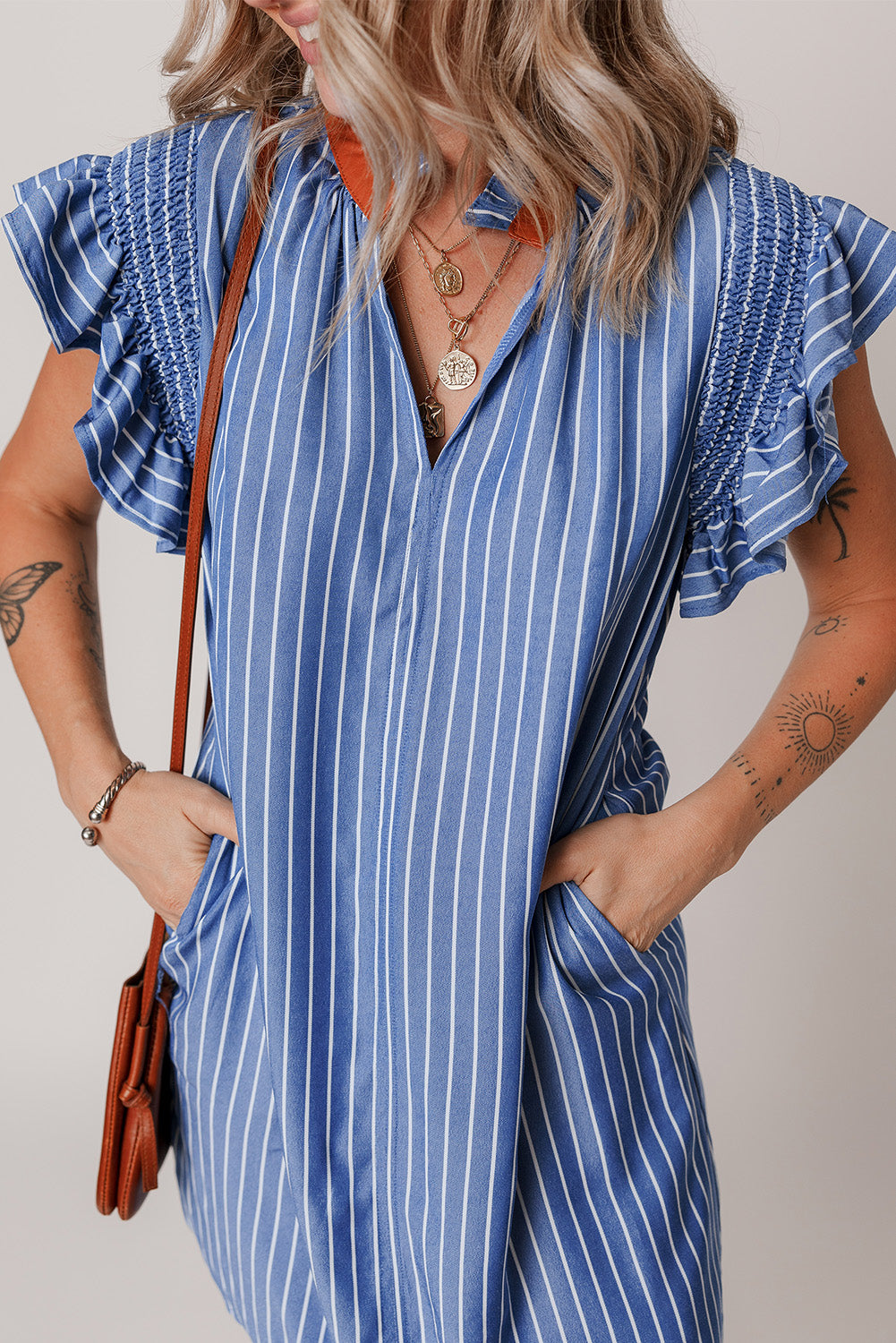 Sky Blue Stripe Frilly Split Neck Shirred Ruffle Sleeve Short Shift Dress 🇨🇳