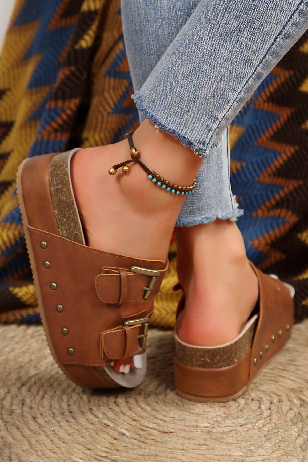 Chestnut Dual Buckle Studded Platform Sandal Slippers 🇨🇳