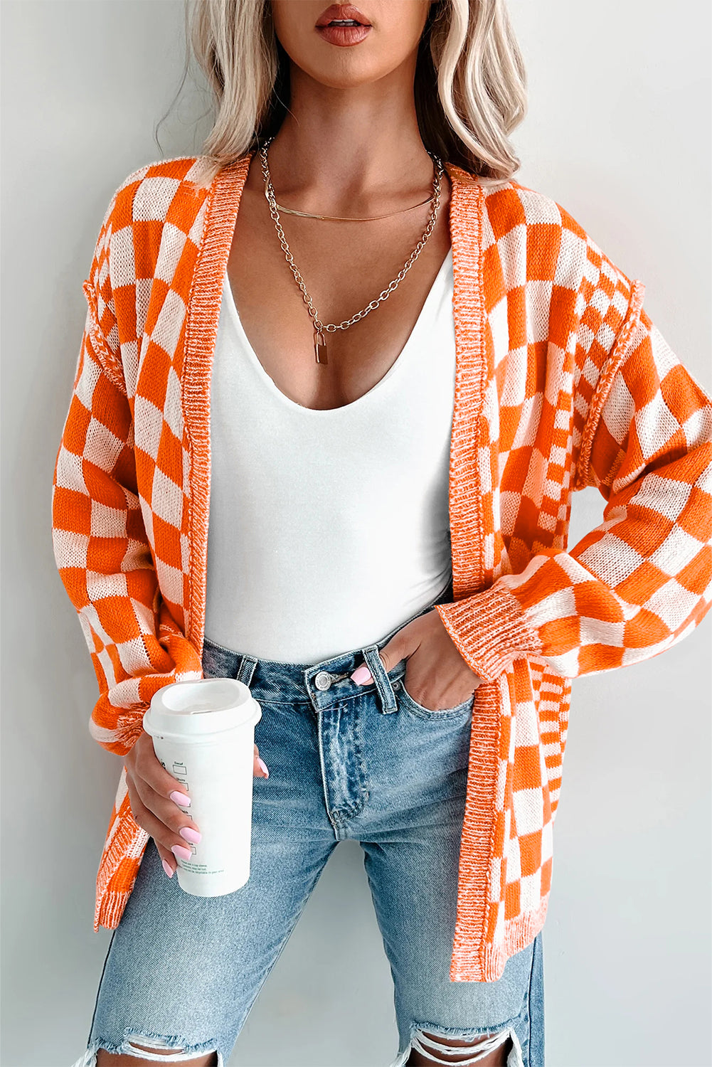 Orange Checkered Open Front Drop Shoulder Cardigan 🇺🇸