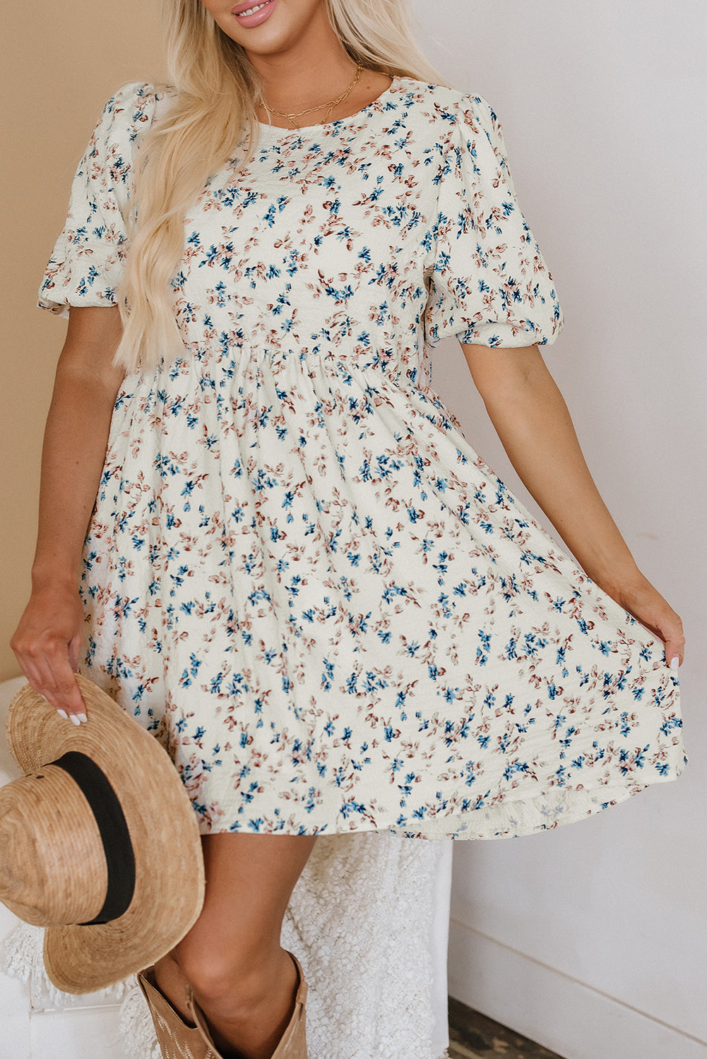 Beige Floral Puff Short Sleeve Empire Waist Mini Dress 🇺🇸