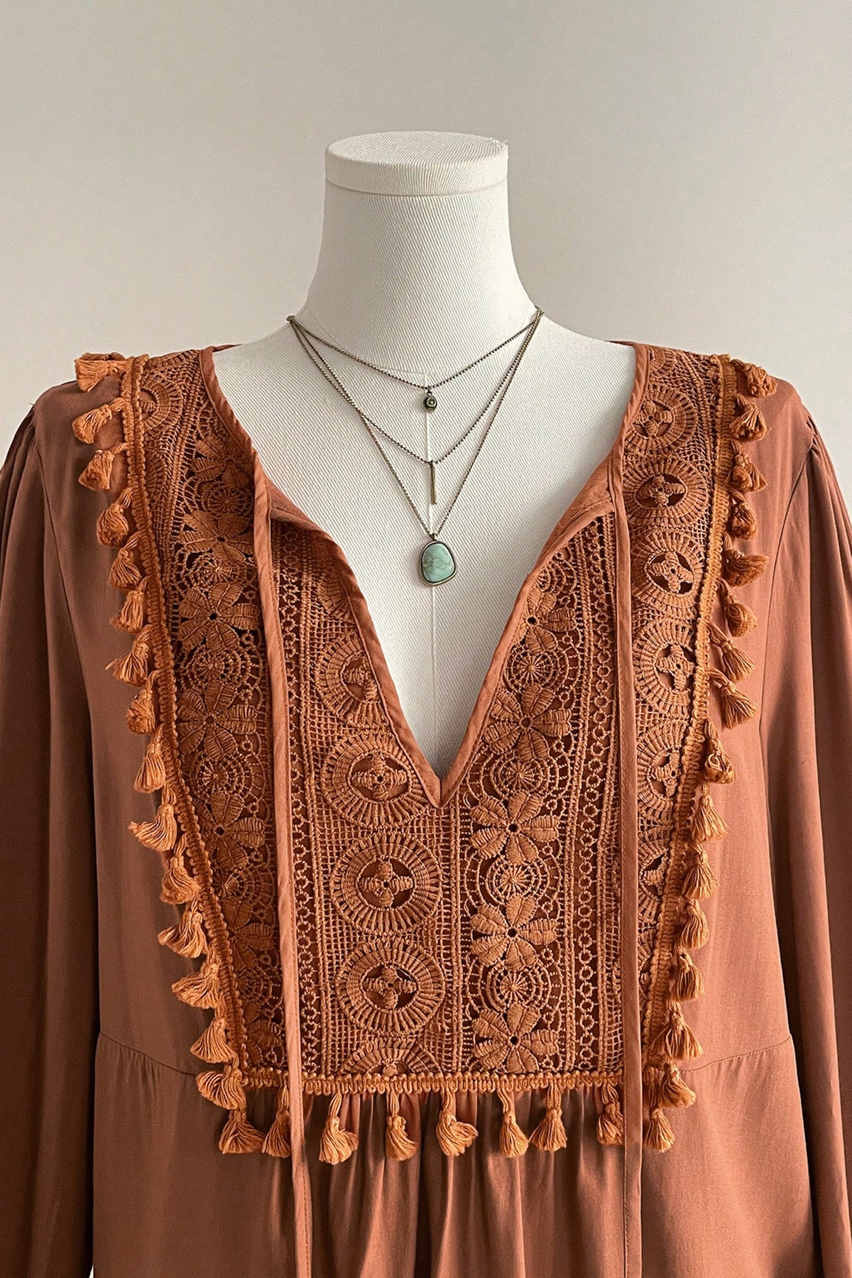 Chestnut Boho V Neck Embroidered Tassel Long Sleeve Plus Size Blouse 🇺🇸