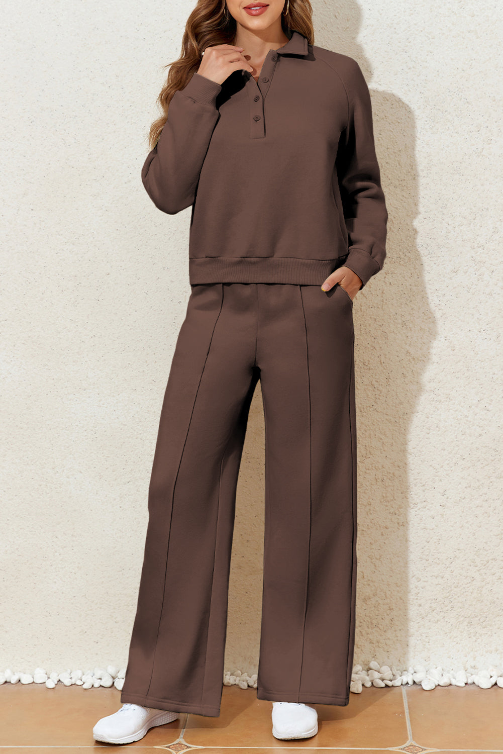 Dark Brown Solid Collared Sweatshirt and High Waist Pants Active Set 🇺🇸