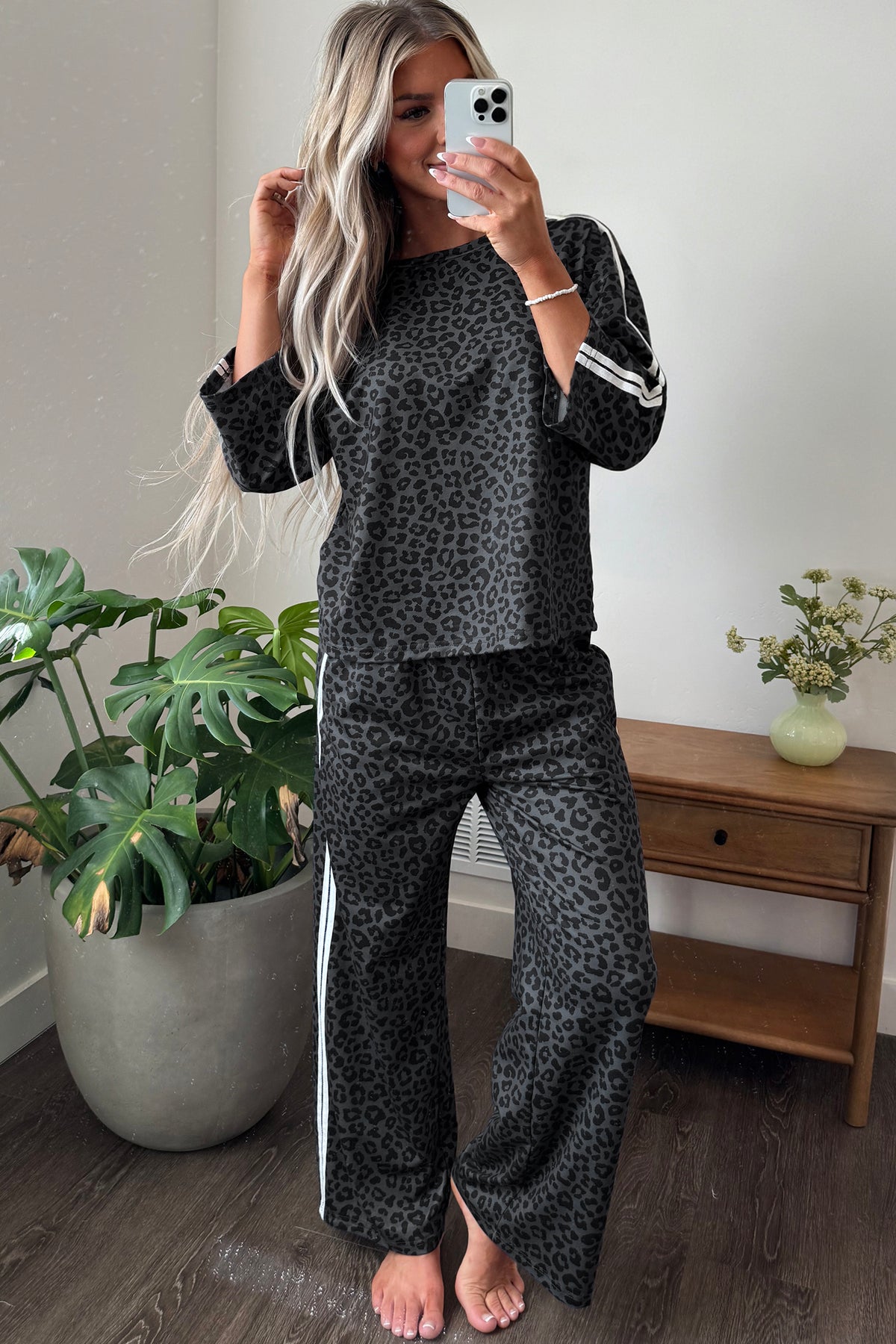 Gray Leopard Print Varsity Striped Detail 3/4 Sleeve Top Shift Pant Set 🇺🇸