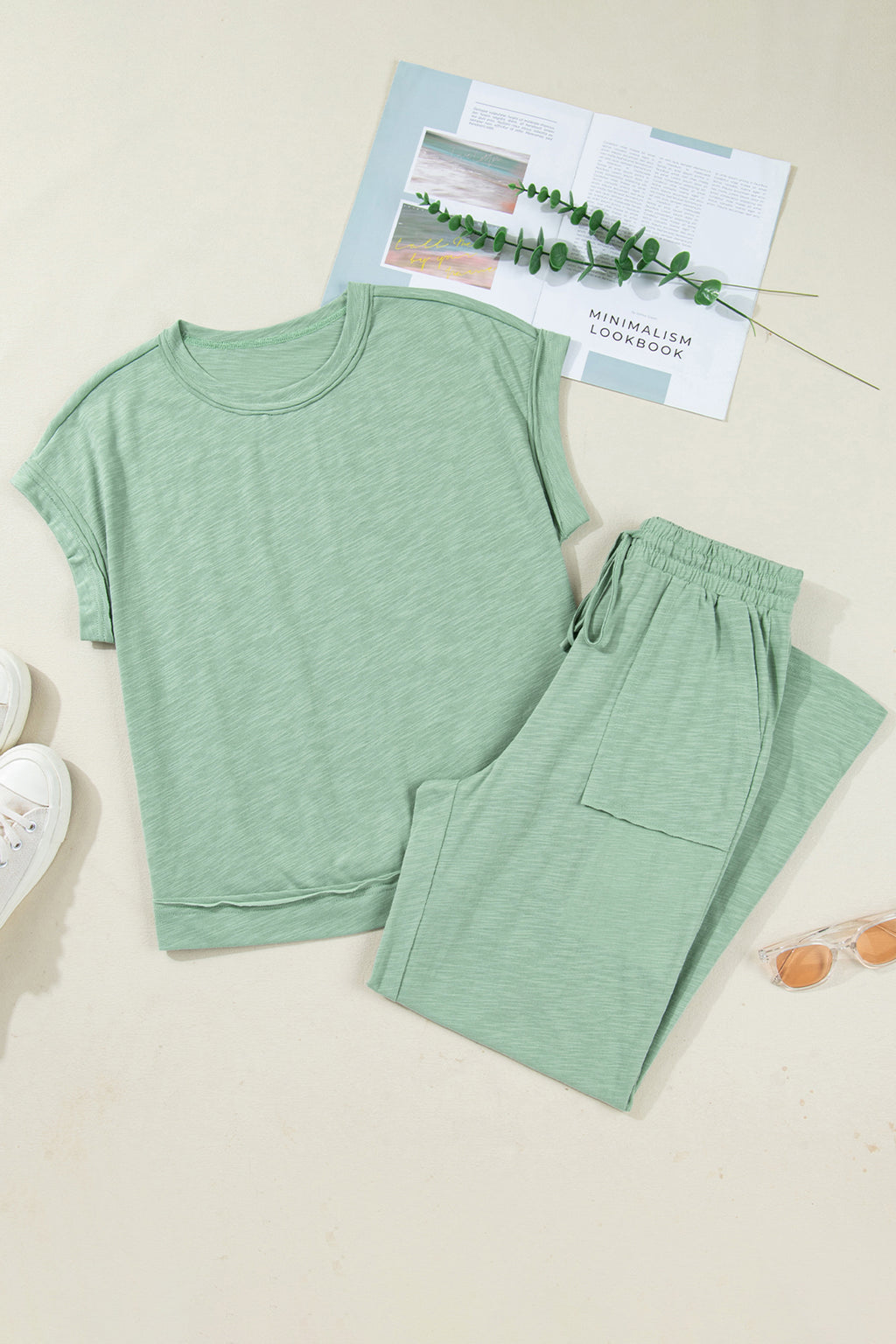 Canton Cuffed Short Sleeve Tee Raw Seam Patch Pocket Drawstring Pants Set 🇺🇸