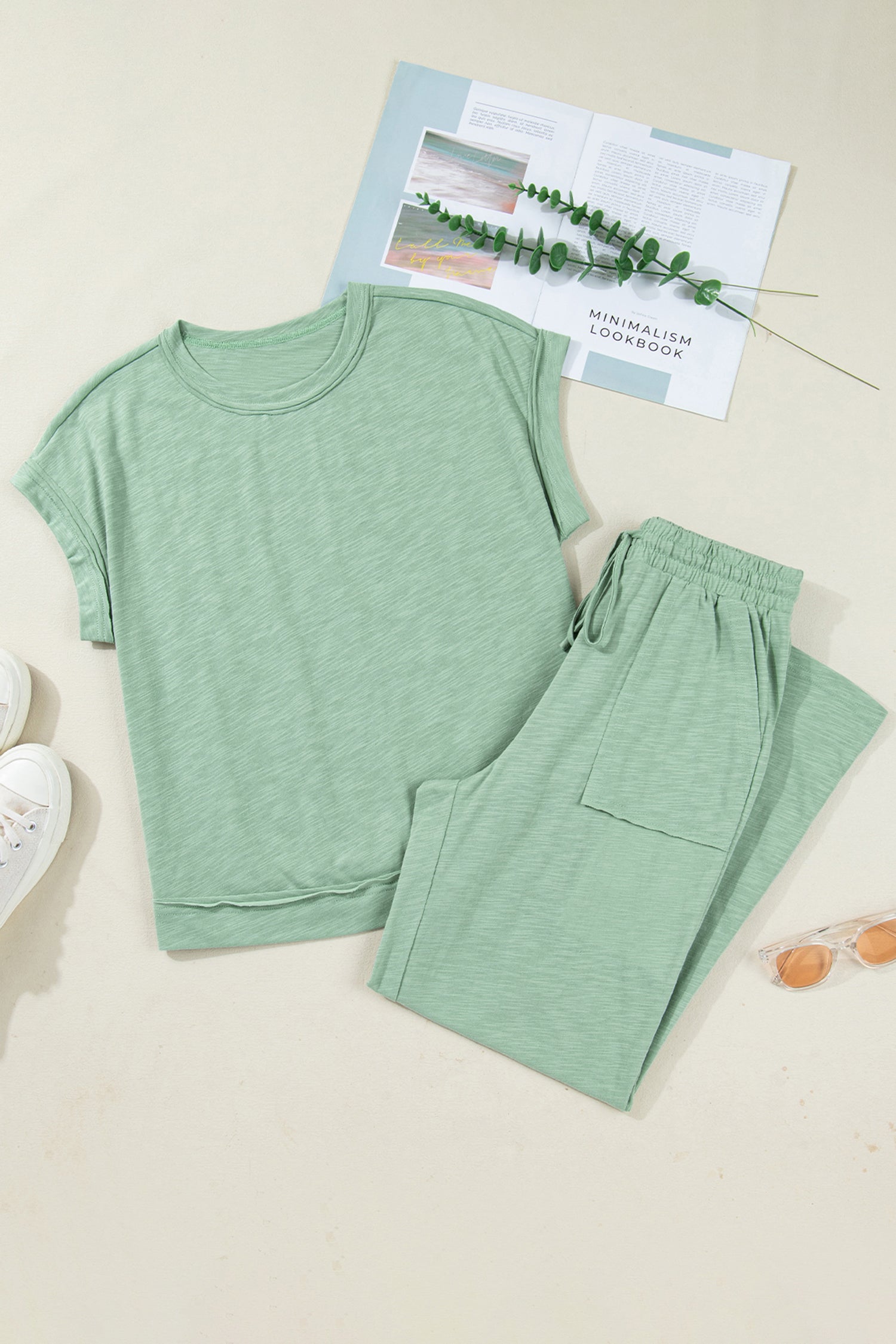 Canton Cuffed Short Sleeve Tee Raw Seam Patch Pocket Drawstring Pants Set 🇺🇸