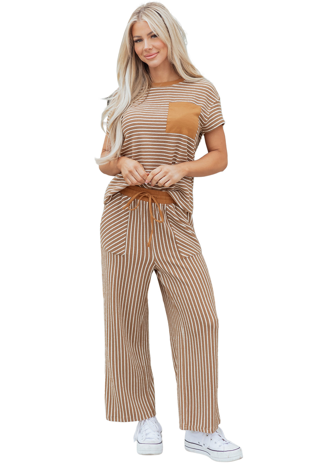Khaki Stripe Crew Neck Tee Drawstring Waist Cropped Pants Set 🇺🇸