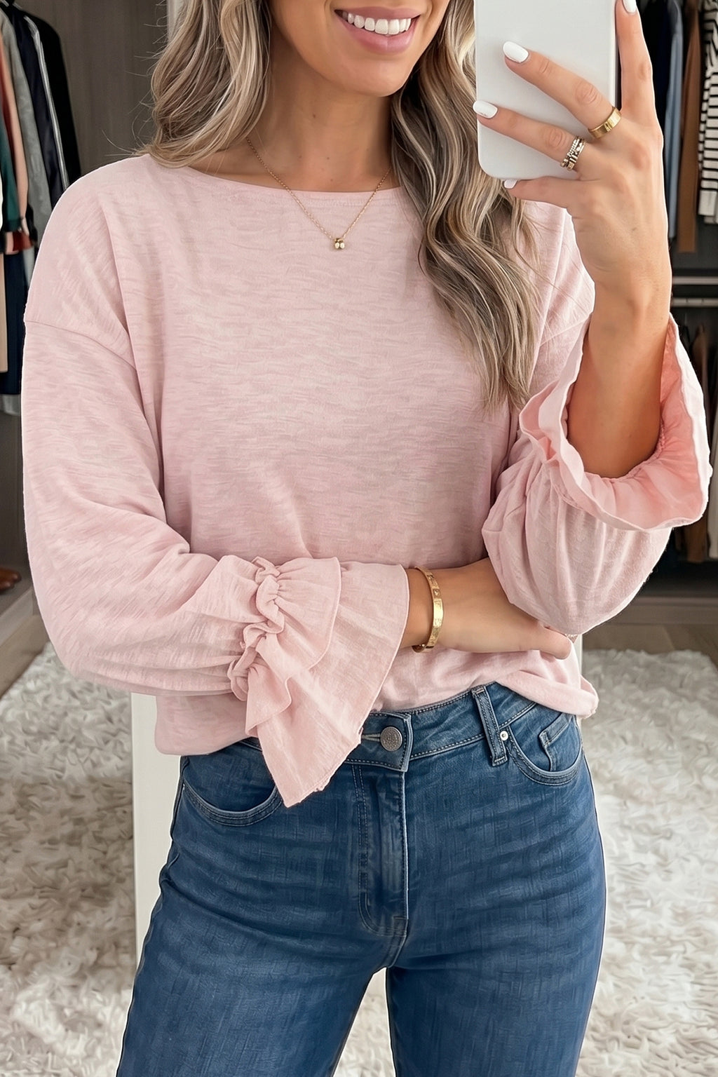 Gossamer Pink Ruffle Sleeve Long Sleeve Loose Pullover Top 🇬🇧