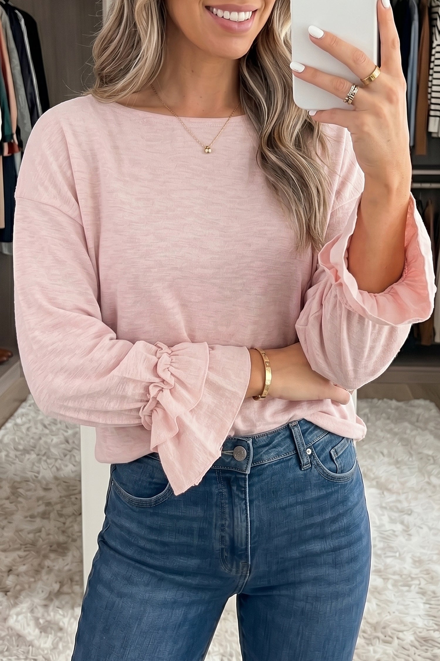 Gossamer Pink Ruffle Sleeve Long Sleeve Loose Pullover Top 🇬🇧
