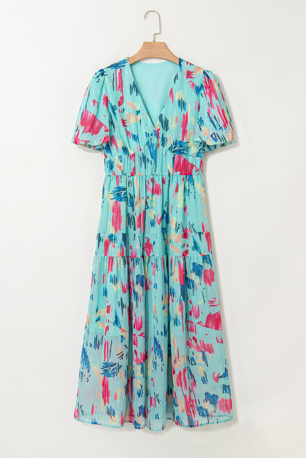 Sky Blue Abstract Print Short Puff Sleeve Tiered Maxi Dress 🇨🇳
