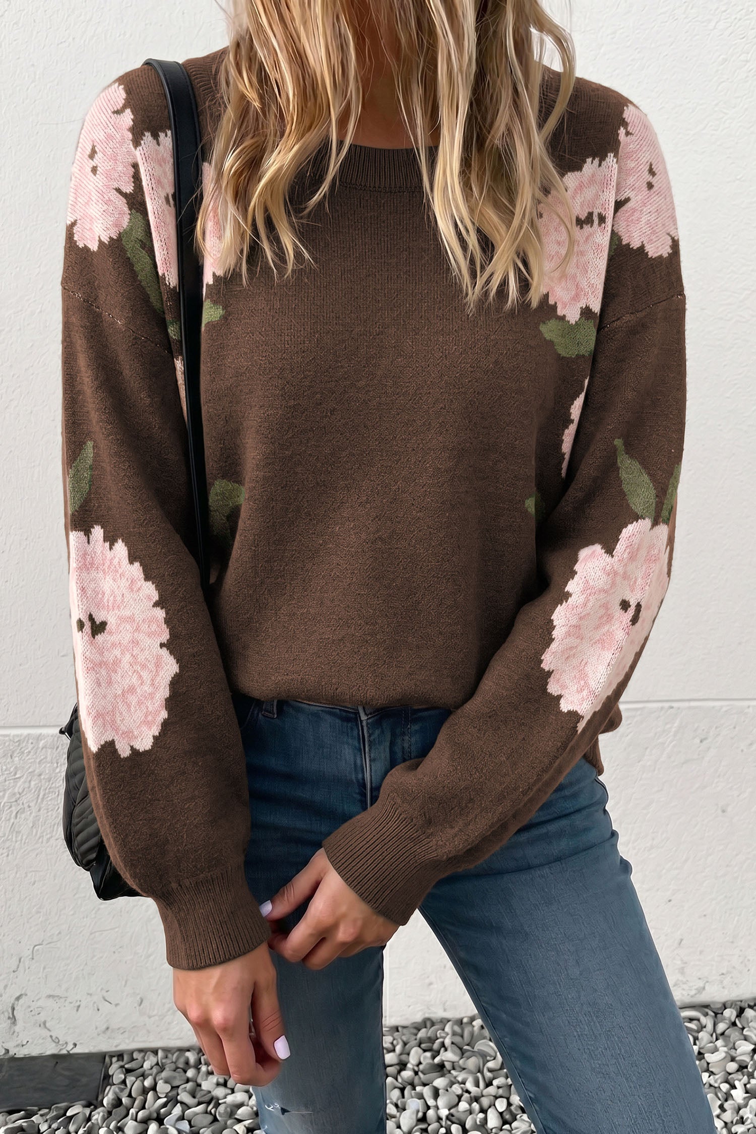 Dark Brown Floral Print Drop Shoulder Relaxed Pullover Sweater 🇬🇧