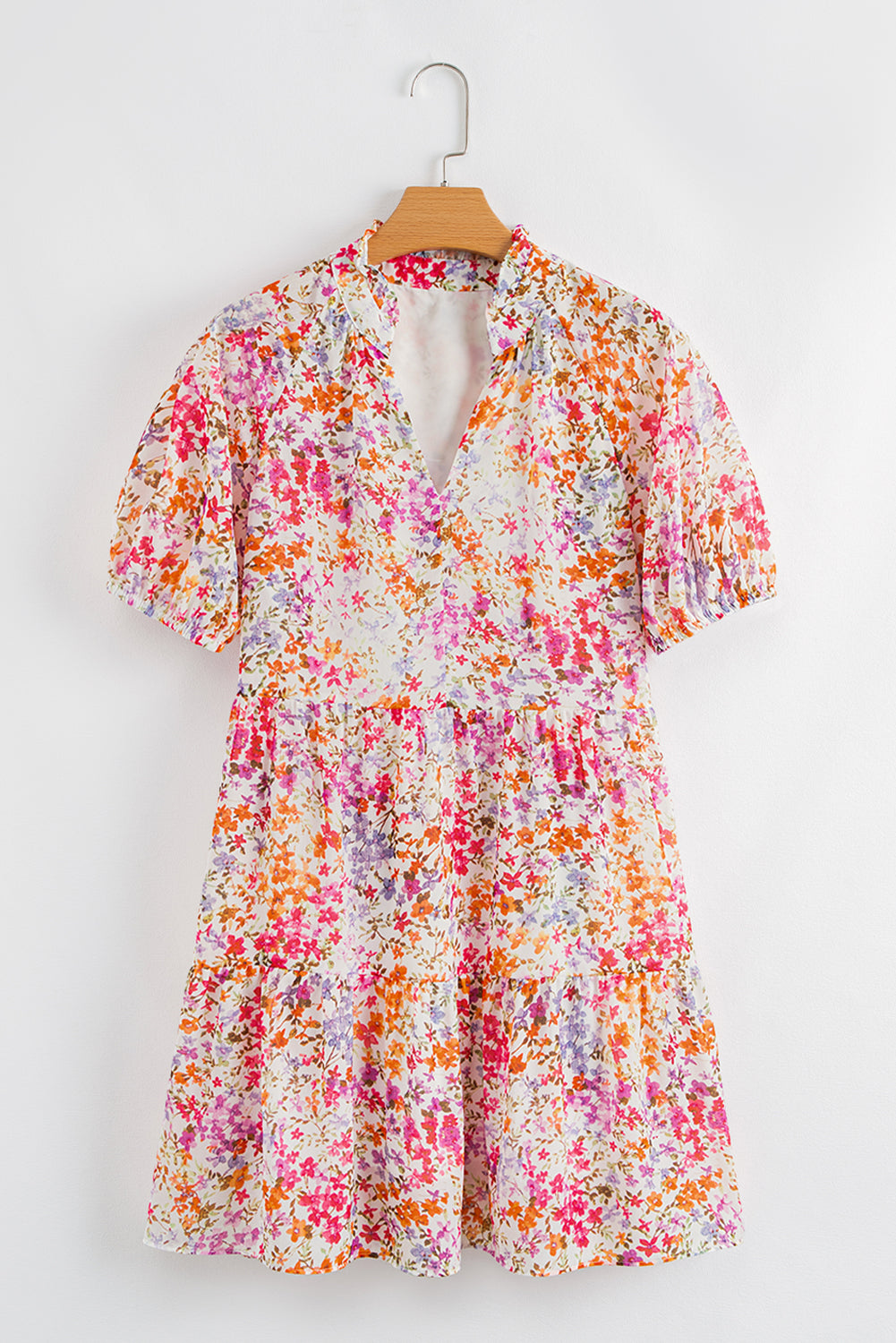 Red Floral Puff Sleeve Notched V Neck Tiered Mini Dress 🇺🇸