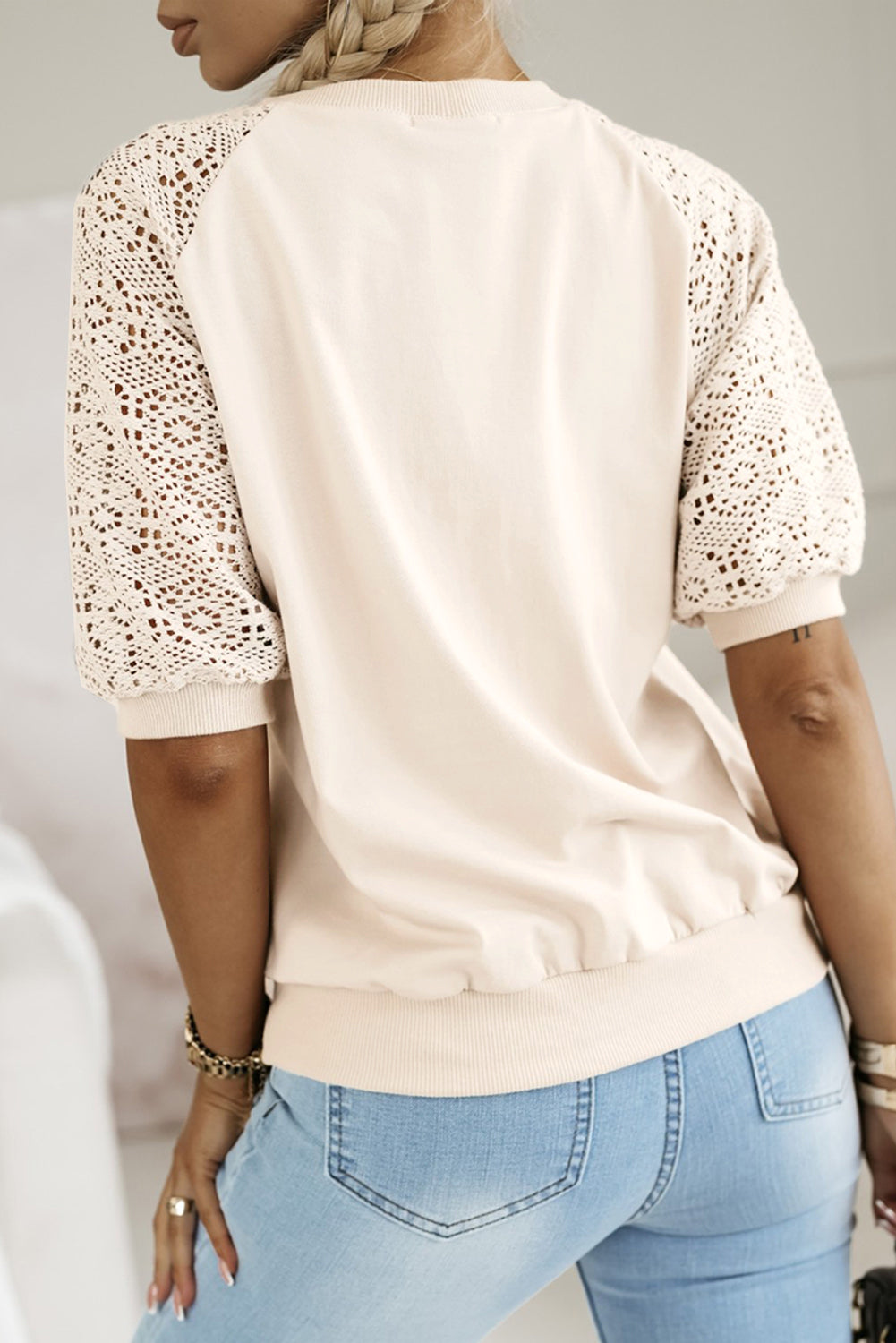 Jet Stream Lace Crochet Short Sleeve Round Neck T Shirt 🇺🇸