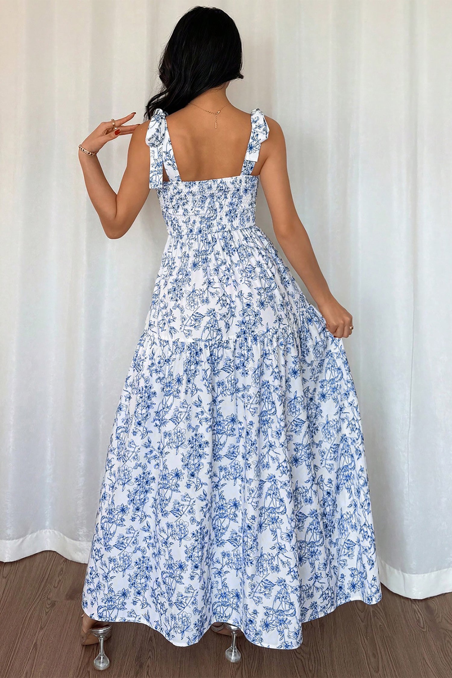 Sky Blue Floral Print Knot Straps High Waist Flared Maxi Dress 🇺🇸